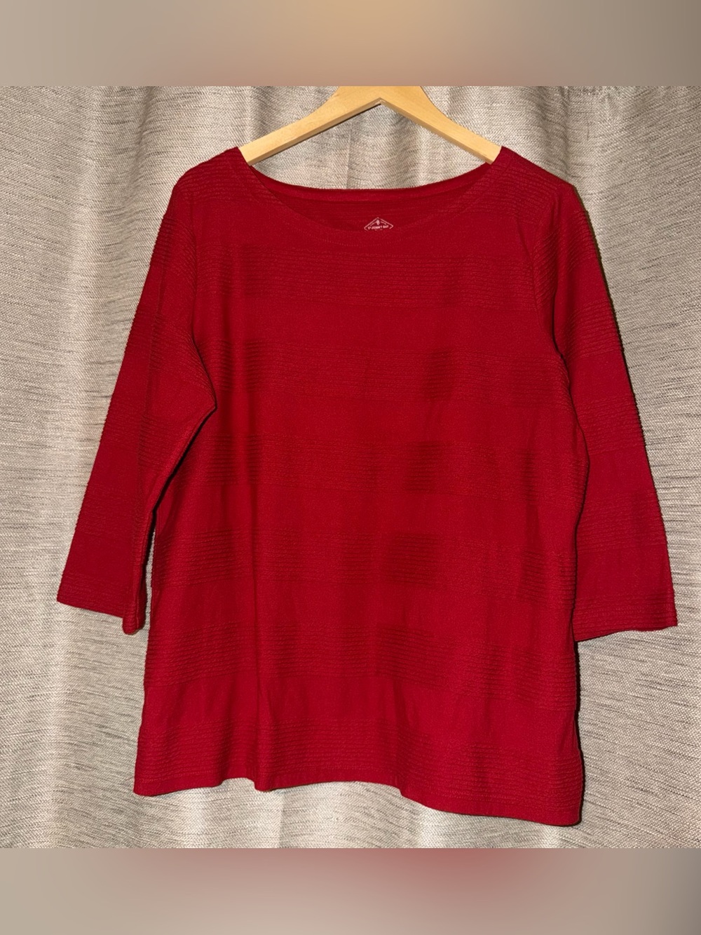 St John's Bay Top Red Womens XL 3/4 Sleeve Textured Stripe Boat Neck Casual